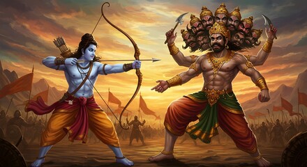 Lord Rama Aiming His Bow at the Ten-Headed Ravana, Depicting the Epic Battle from the Ramayana