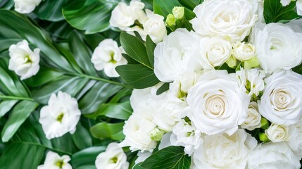 Elegant White Roses and Lush Greenery - A breathtaking bouquet of pristine white roses nestled amongst vibrant green leaves, symbolizing purity, elegance, love, new beginnings, and serenity