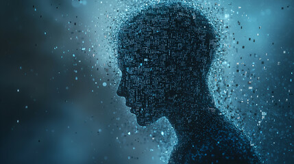 Futuristic Abstract Digital Art: Silhouette Exploration in Blue Tones with AI and Data Visualization