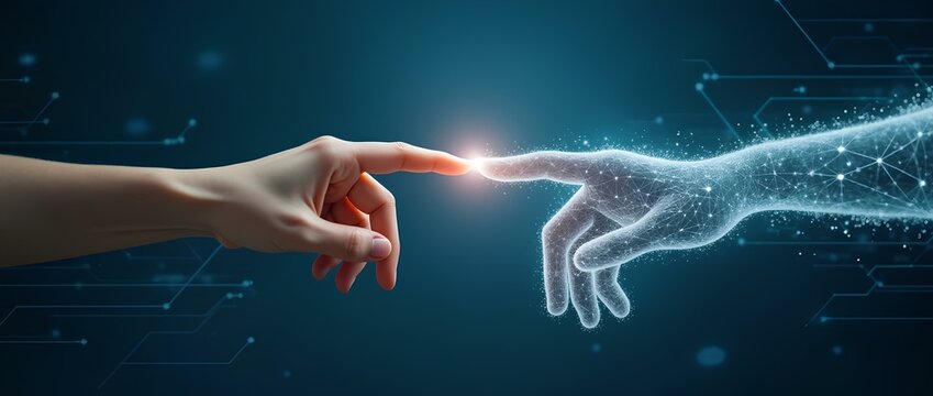 Connection Between People And Artificial Intelligence Technology, futuristic AI digital innovation of machine meets humanity, friendship and partnership connection between human and computer robotic - Powered by Adobe