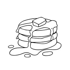 Linear sketch, coloring of delicious morning baking of pancakes. Vector graphics.