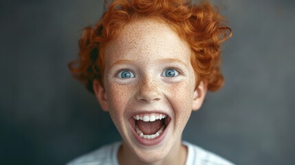 A cheerful child beams with joy, showcasing bright eyes and curly red hair, embodying the innocence and happiness of childhood in a heartwarming close-up expression.
