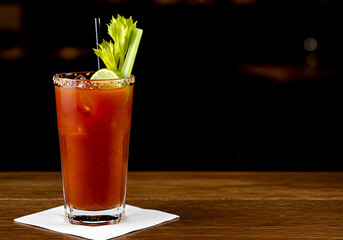 Bloody Mary in a glass with a stalk of celery.  blank copy space.