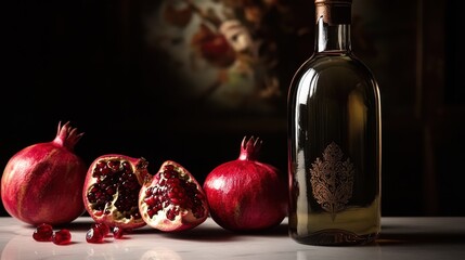 This image features a beautifully designed bottle alongside an array of pomegranates, showcasing rich textures and colors that speak to themes of abundance and luxury.