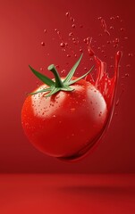 Flying tomato with splashes, isolated on a soft red background