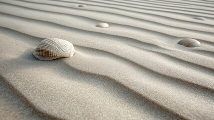 A close-up of a solitary seashell resting on the rippling sandy surface, showcasing the elegance of nature’s designs in a tranquil and serene environment.