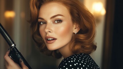 A striking woman with radiant red hair showcases a vintage revolver, embodying a captivating blend of glamour and danger in a beautifully styled vintage setting.