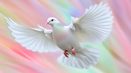Fototapeta premium White Dove Flying with Wings, Colorful Background, Peace, Hope