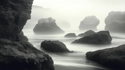 A serene mist blankets a rugged shoreline, where mysterious rock formations emerge from the water, creating an ethereal, tranquil landscape that invites contemplation.