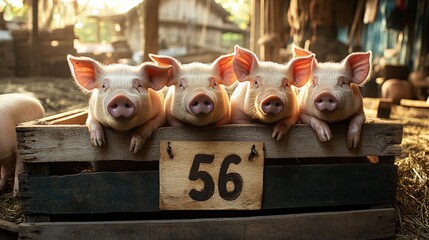 Four cute piglets peek from a rustic wooden crate, showcasing their delightful expressions in a warm barn setting, capturing the essence of farm life and innocence.