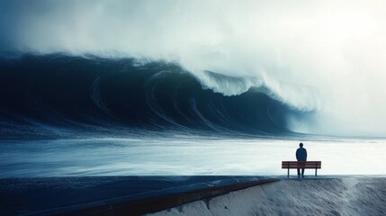 A solitary figure sits on a bench, gazing at an enormous and powerful wave. The tension of the scene represents nature's awe-inspiring beauty and its inherent danger.