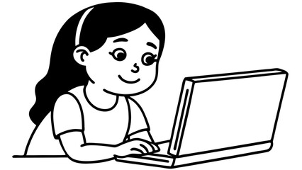 Girl smiling while using a laptop against a simple background  