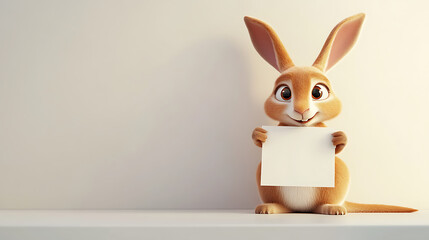 Cartoon rabbit holding a blank sign on a minimalistic shelf with a soft background