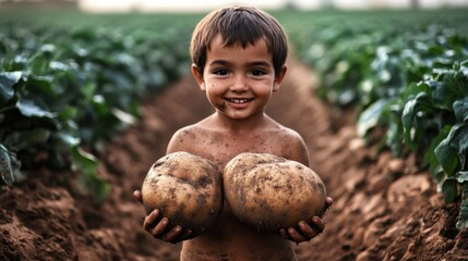 A joyful child stands in a potato field, holding two large potatoes, showcasing the beauty of nature and the connection between children and farming.