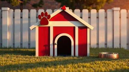 Plakat Bright red doghouse with paw print in a well-kept garden