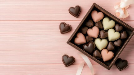 A heart-shaped assortment of chocolates in a decorative box, set on a soft pink wooden background, Ideal for use in marketing materials for confectionery, romantic events, or gift ideas,
