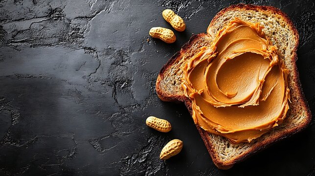 Creamy peanut butter spread on toasted bread with peanuts.
