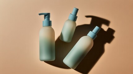A minimalist composition showcasing three elegant beauty bottles against a soft beige background, highlighting the sophistication of modern packaging design.