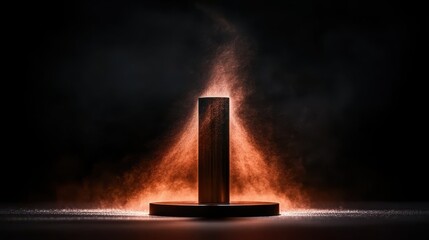 This striking image features a dark cylindrical shape surrounded by an eruption of dust, exemplifying the dynamic interplay between structure and chaos in art.
