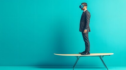 Businessman Wearing Virtual Reality Glasses Stands on Surfboard