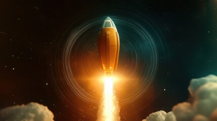 A stylized rocket ascends triumphantly into the cosmos, surrounded by a cosmic backdrop of colors, symbolizing innovation and exploration into the unknown realms of space.