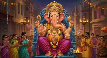 Devotees Worshipping a Grand Idol of Lord Ganesha during a Festival Celebration in a Bustling Street