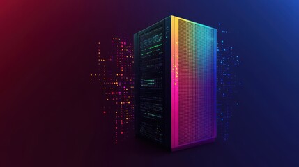 This image features a modern server rack with vibrant, colorful LED lights, symbolizing technology and digital evolution in a visually appealing manner.