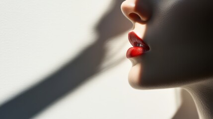 This striking image features a close-up profile of a model's face with bold red lips, reflecting modern beauty standards and artistic approach to fashion and expressions.