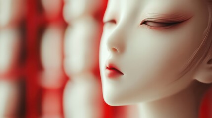 A stunning portrayal of an Asian woman, featuring an ethereal appearance with delicate features and soft makeup that evokes a sense of calm and introspection.