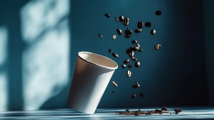 Dynamic composition of a coffee cup with flying coffee beans, depicting the energy and excitement associated with coffee culture and everyday rituals.