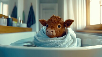 A charming scene of a young calf bathed and wrapped in a towel, embodying innocence and playfulness while showcasing a unique blend of farm life and domestic indulgence.