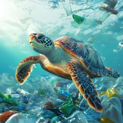Obraz premium Lonely turtle caught in plastic waste, struggling to move