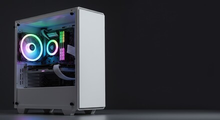 Modern Gaming Computer with RGB Lighting Inside. High Performance PC Unit for Esports and Online Games on Dark Background. Concept of Powerful Hardware for Desktop Setup