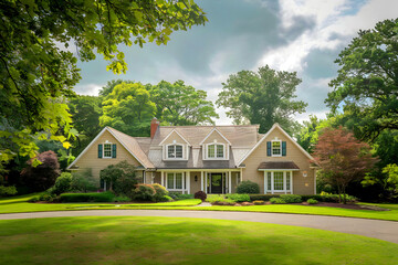 American ranch house around green trees.