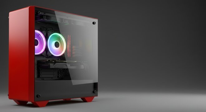 Red computer case with RGB fans, PC system unit for gaming and work using innovative technologies, background for advertising hardware and software, computer components concept
