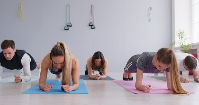Front view of young sporty people group doing exercises, standing in plank pose. Active concentrated men and women having workout routine to improve overall physical fitness and develop core strength.