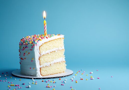 a single slice cut from an Easter-themed birthday cake, placed on top of the full cake with a candle lit and sprinkles scattered around it against a blue background Generative AI