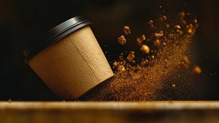 This dynamic image captures a coffee cup tipping over, spilling rich brown powder into the air, creating a sense of motion and excitement against a dark background.