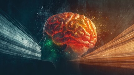 An artistic representation of a brain surrounded by vibrant colors and abstract shapes depicting thoughts flowing out, symbolizing creativity, intelligence, and the human mind.