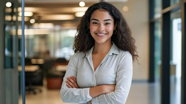 In a modern office, a young woman with curly hair stands confidently with her arms crossed, radiating professionalism while being warm and inviting, appearing both approachable and competent