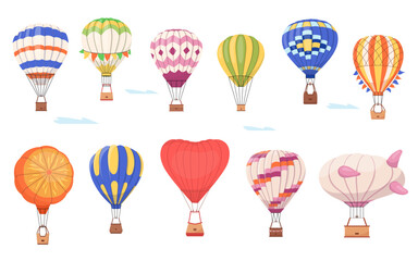 Hot air balloons set Flying dirigibles and other baloon with flags, design elements for decorating invitations to show. Collection aerial travel tourist transport with basket. Flat vector illustration