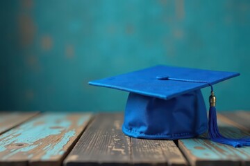 A vibrant blue graduation cap sits on weathered wood , milestone, graduation cap, celebration
