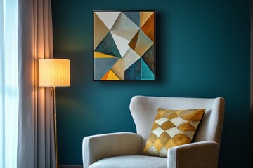 Cozy interior scene featuring an armchair with a pillow, abstract art on the wall, and a floor lamp next to a window with curtains.