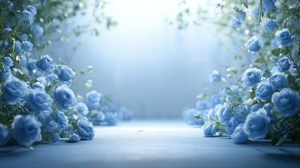 Empty background with blue roses in the floor
