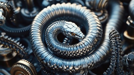 This striking image presents a metallic snake sculpture entwined with intricate elements, embodying a blend of nature and modern artistry in a fascinating composition.