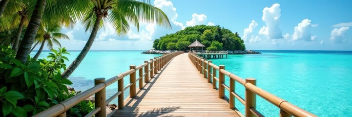 Elegant bamboo walkway arcs over crystal clear water towards idyllic island ,  travel,  escape,  sun