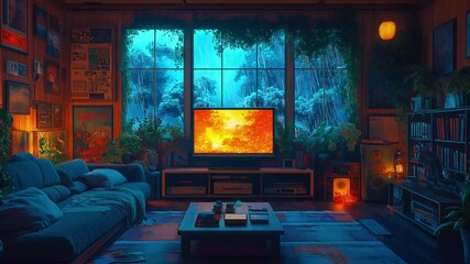 Stream starting soon screen, loop, animated virtual backgrounds, cozy lo-fi living room at sunrise vtuber asset twitch overlay zoom OBS, anime chill hip hop. Cyan purple colours manga style 4K Video