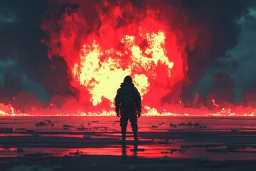 Fototapeta premium A lone figure observes a large fiery explosion in the distance