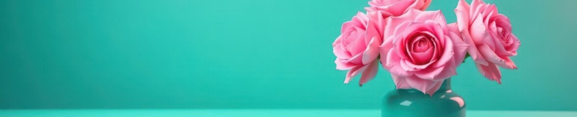 Pink rose cluster in a vibrant turquoise ceramic vase , summer, photography