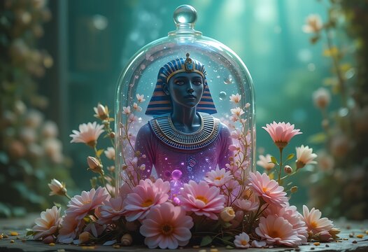 egyptian man inside a crystal cofin surrounded by flowers. Green-blue soft light